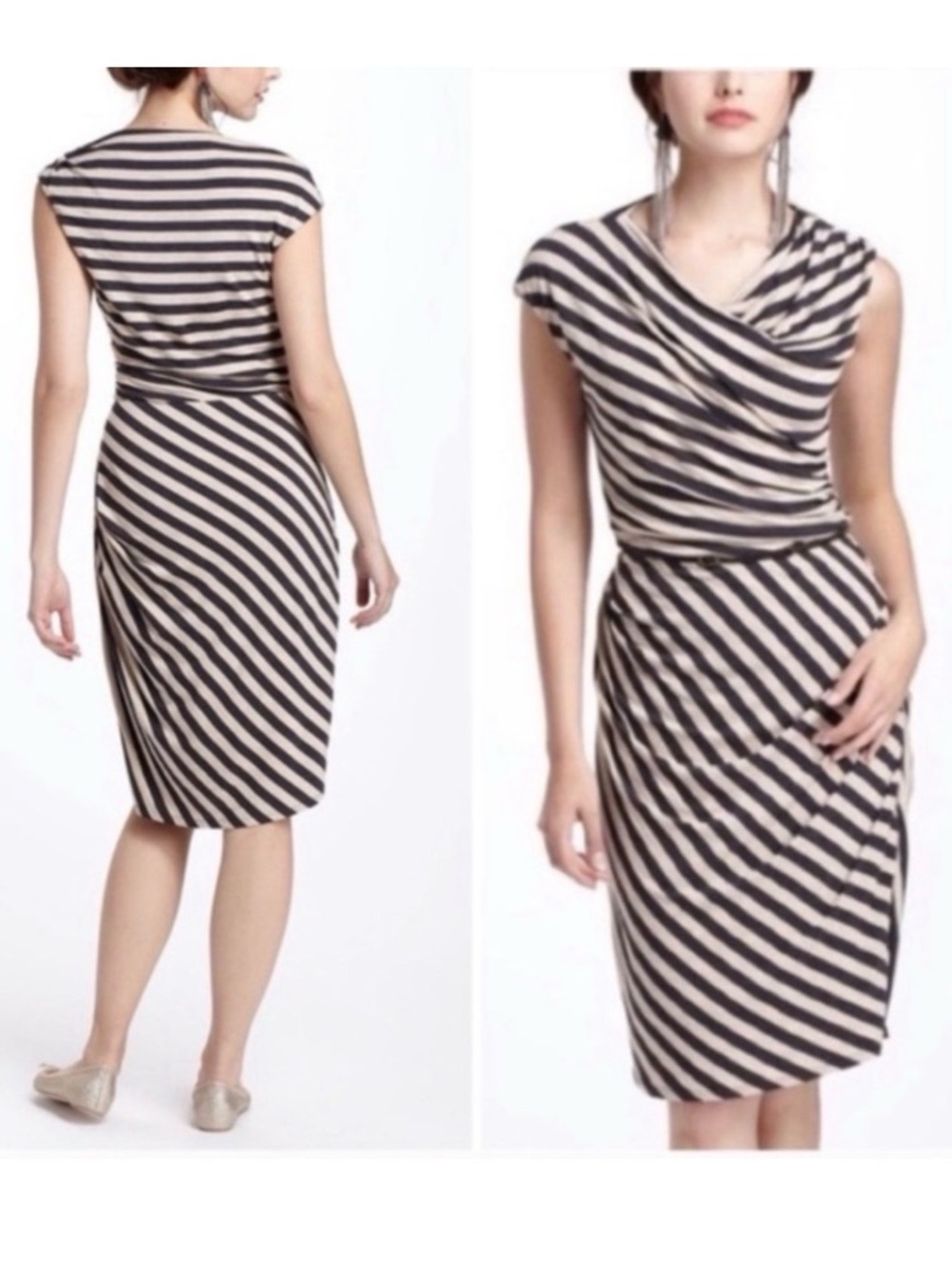 Anthropologie Bordeaux Black and Beige Striped Dress, Size Small